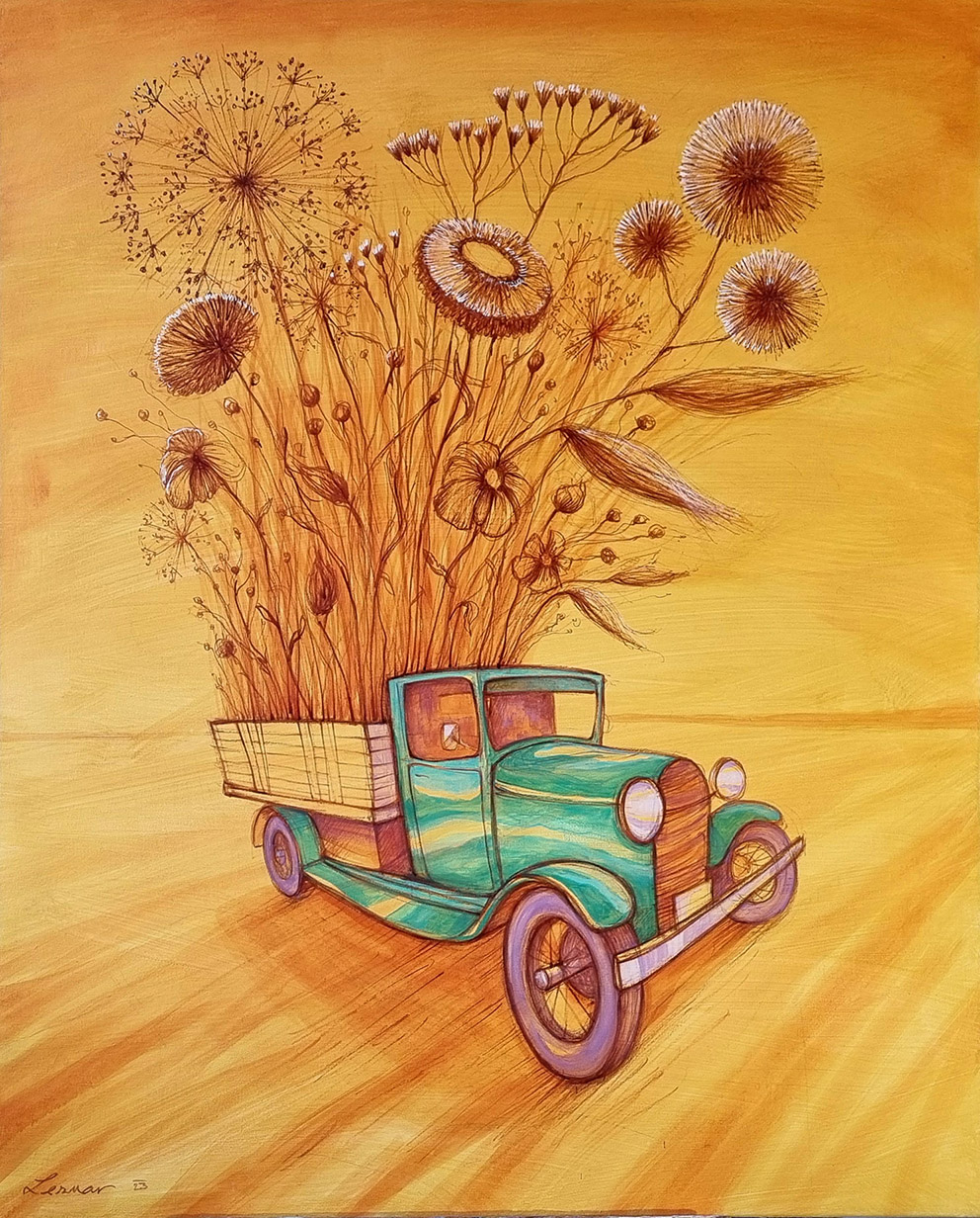 Dodávka sušených květin, akryl + olej na plátně 80 x 100 cm